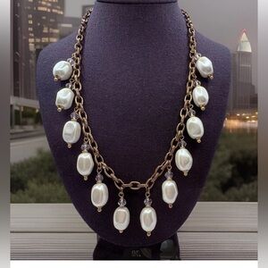 Vintage Oval Faux Pearl Dangle Necklace Antiqued Chain Part Of Silpada Set 21”